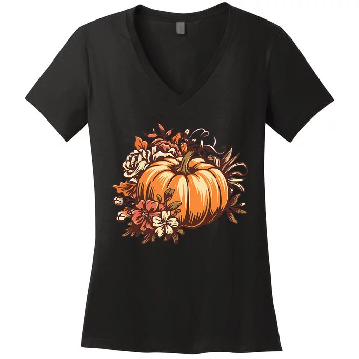 Fall Women Vintage Pumpkin Autumn Graphic Thanksgiving Women's V-Neck T-Shirt