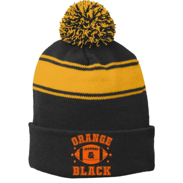 Football We Wear Orange And Black School Spirit Stripe Pom Pom Beanie