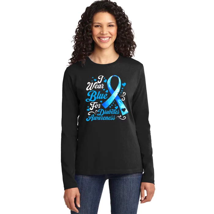 Funny We Wear Blue Ribbon Diabetes Awareness Gift Ladies Long Sleeve Shirt