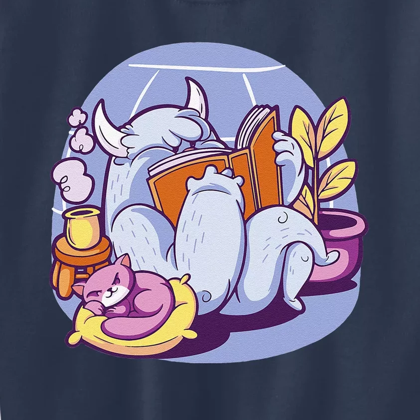 Funny Winter Yeti Reading A Book In A Cozy Room With A Cat Kids Sweatshirt