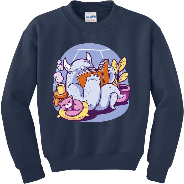 Funny Winter Yeti Reading A Book In A Cozy Room With A Cat Kids Sweatshirt