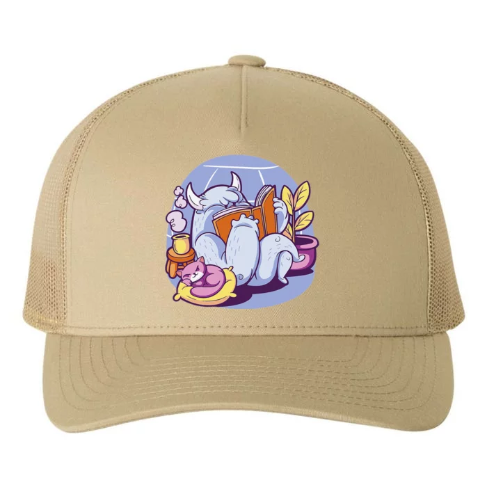 Funny Winter Yeti Reading A Book In A Cozy Room With A Cat Yupoong Adult 5-Panel Trucker Hat