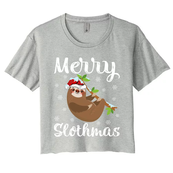 Funny Xmas Lighting Santa Hat Sloth Christmas Merry Slothmas Gift Women's Crop Top Tee