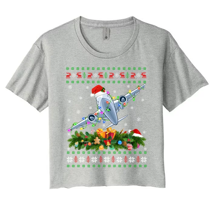 Funny Xmas Lighting Tree Santa Ugly Airplane Christmas Gift Women's Crop Top Tee