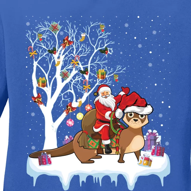 Funny Xmas Lighting Tree Santa Riding Otter Christmas Cool Gift Ladies Long Sleeve Shirt