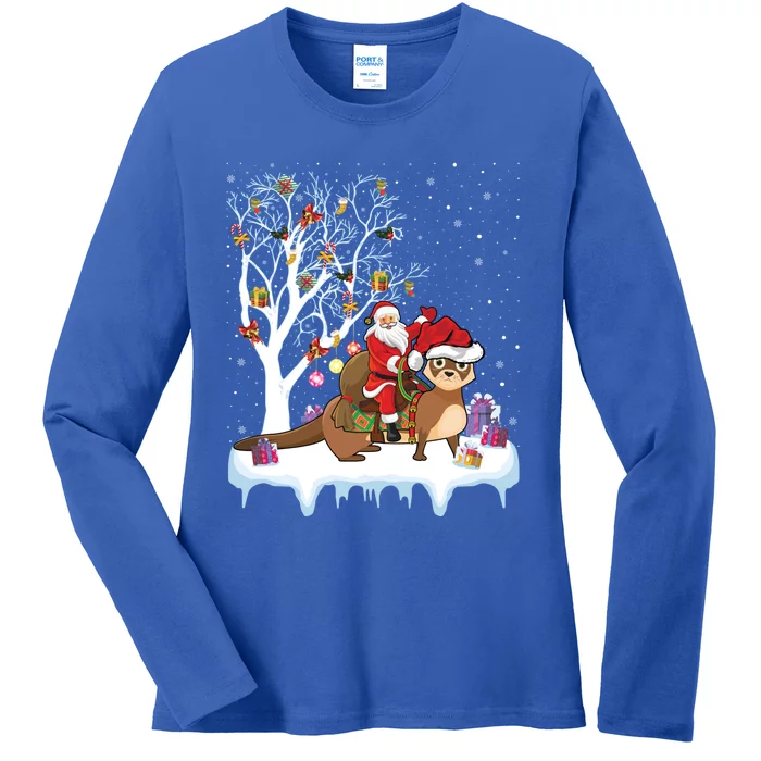 Funny Xmas Lighting Tree Santa Riding Otter Christmas Cool Gift Ladies Long Sleeve Shirt