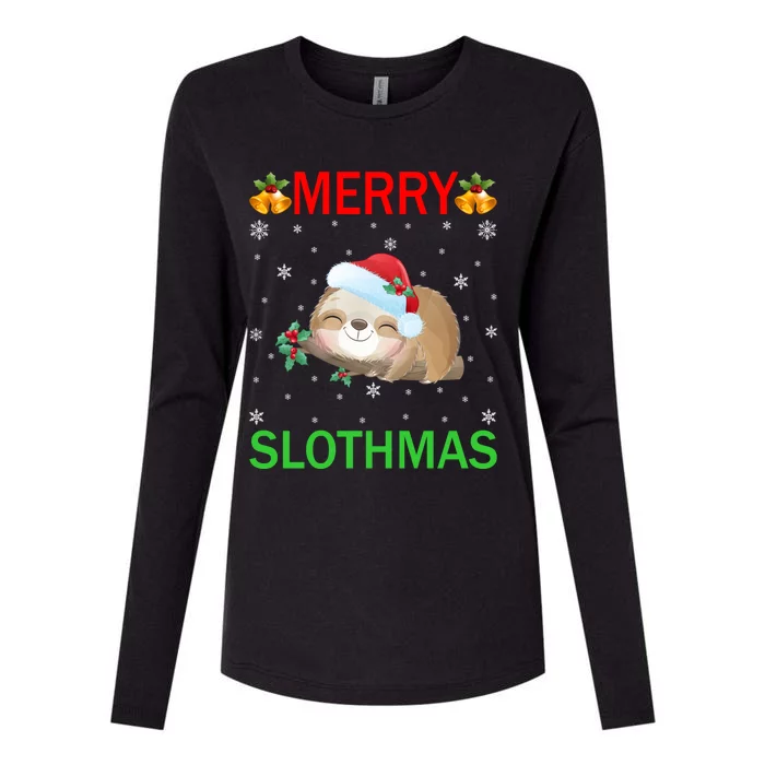 Funny Xmas Lighting Merry Slothmas Santa Hat Sloth Christmas Gift Womens Cotton Relaxed Long Sleeve T-Shirt