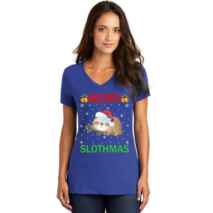 Funny Xmas Lighting Merry Slothmas Santa Hat Sloth Christmas Gift Women's V-Neck T-Shirt