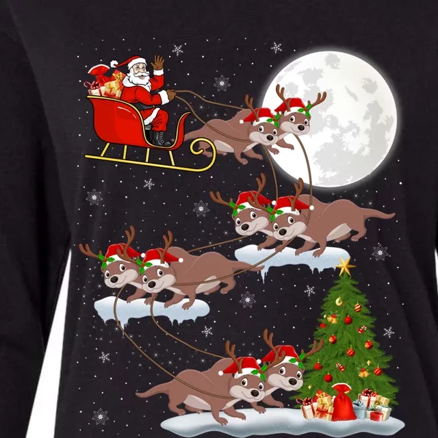 Funny Xmas Lighting Tree Santa Riding Sea Otter Christmas Cute Gift Womens Cotton Relaxed Long Sleeve T-Shirt