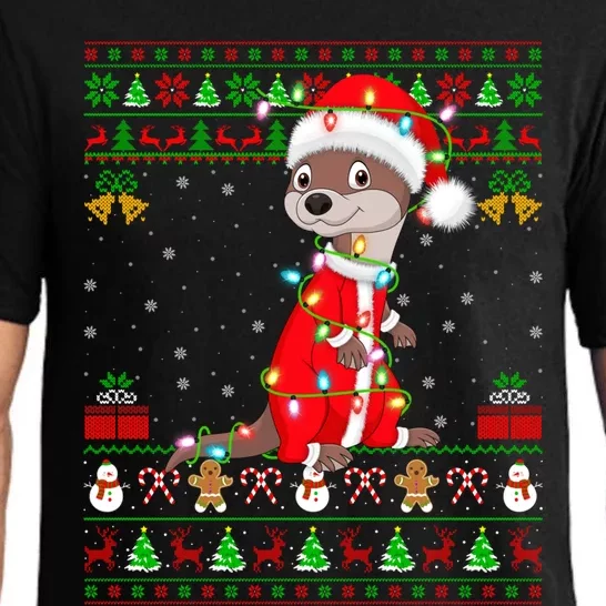 Funny Xmas Lights Ugly Sweater Style Santa Otter Christmas Cool Gift Pajama Set