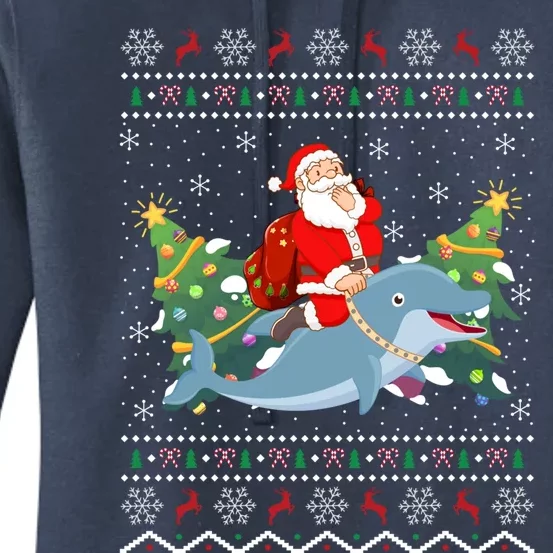 Funny Xmas Lighting Ugly Santa Riding Dolphin Christmas Cool Gift Women's Pullover Hoodie