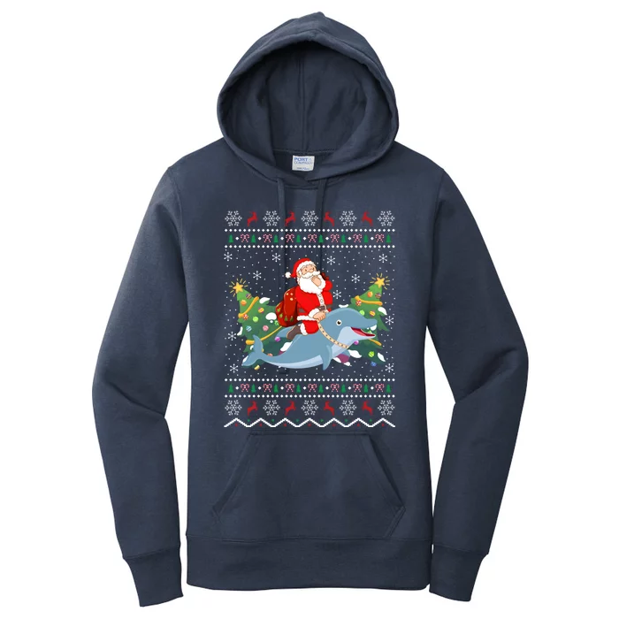 Funny Xmas Lighting Ugly Santa Riding Dolphin Christmas Cool Gift Women's Pullover Hoodie