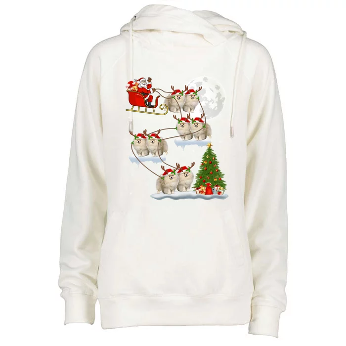 Funny Xmas Lighting Tree Santa Riding Pomeranian Christmas Gift Womens Funnel Neck Pullover Hood