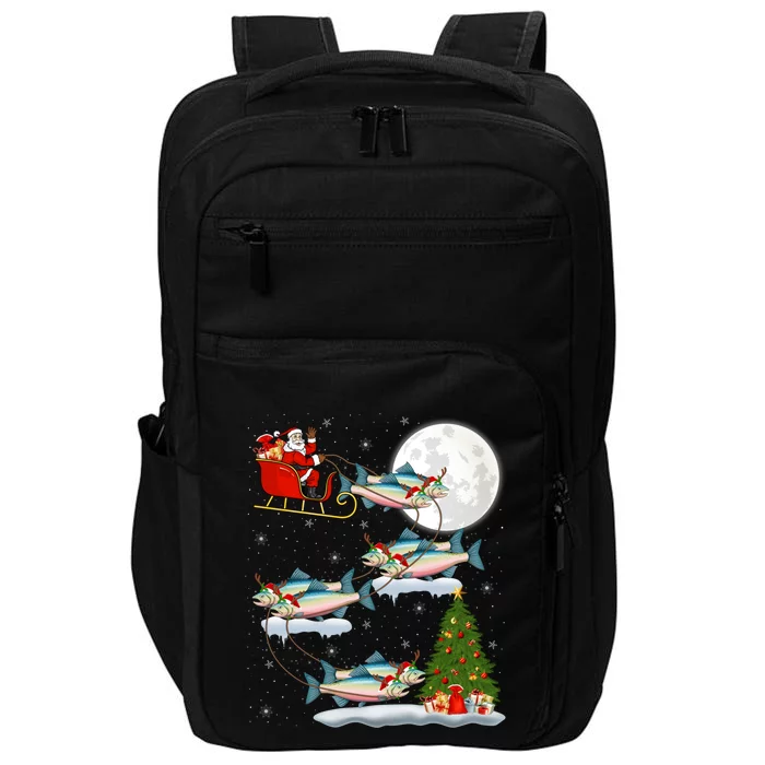 Funny Xmas Lighting Tree Santa Riding Salmon Fish Christmas Cool Gift Impact Tech Backpack