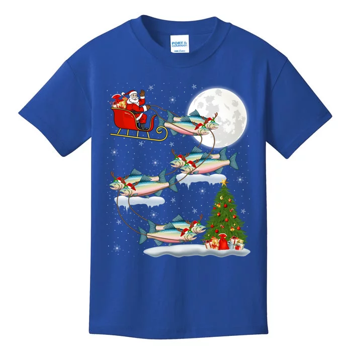 Funny Xmas Lighting Tree Santa Riding Salmon Fish Christmas Cool Gift Kids T-Shirt