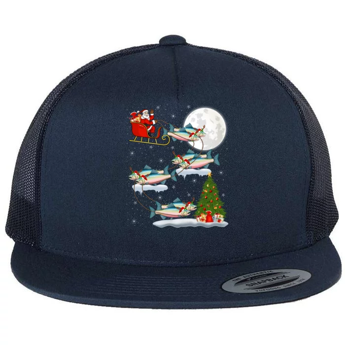 Funny Xmas Lighting Tree Santa Riding Salmon Fish Christmas Cool Gift Flat Bill Trucker Hat