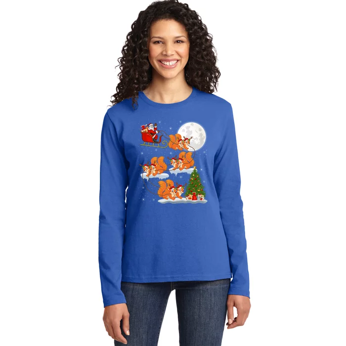 Funny Xmas Lighting Tree Santa Riding Squirrel Christmas Gift Ladies Long Sleeve Shirt