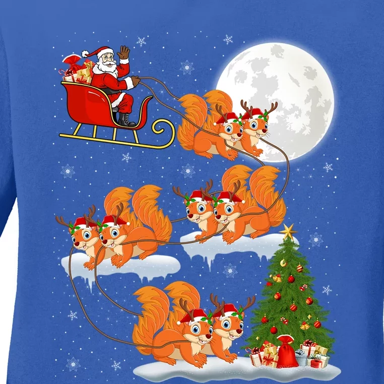 Funny Xmas Lighting Tree Santa Riding Squirrel Christmas Gift Ladies Long Sleeve Shirt