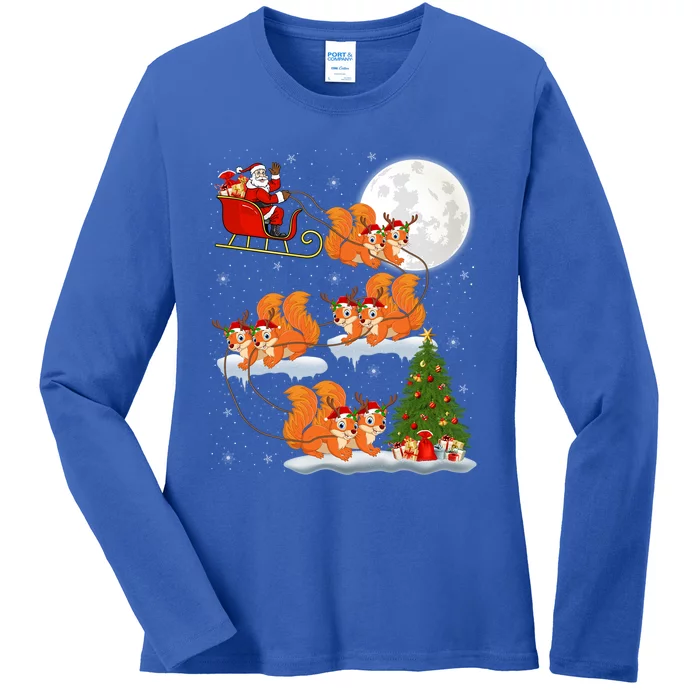 Funny Xmas Lighting Tree Santa Riding Squirrel Christmas Gift Ladies Long Sleeve Shirt