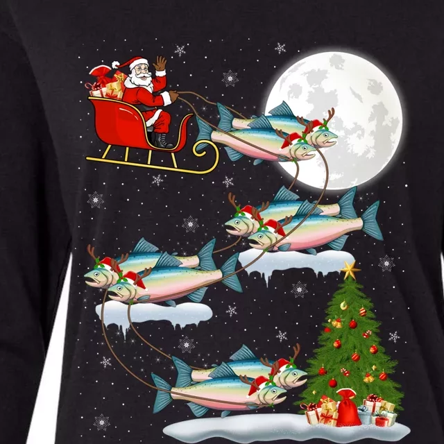 Funny Xmas Lighting Tree Santa Riding Salmon Fish Christmas Womens Cotton Relaxed Long Sleeve T-Shirt