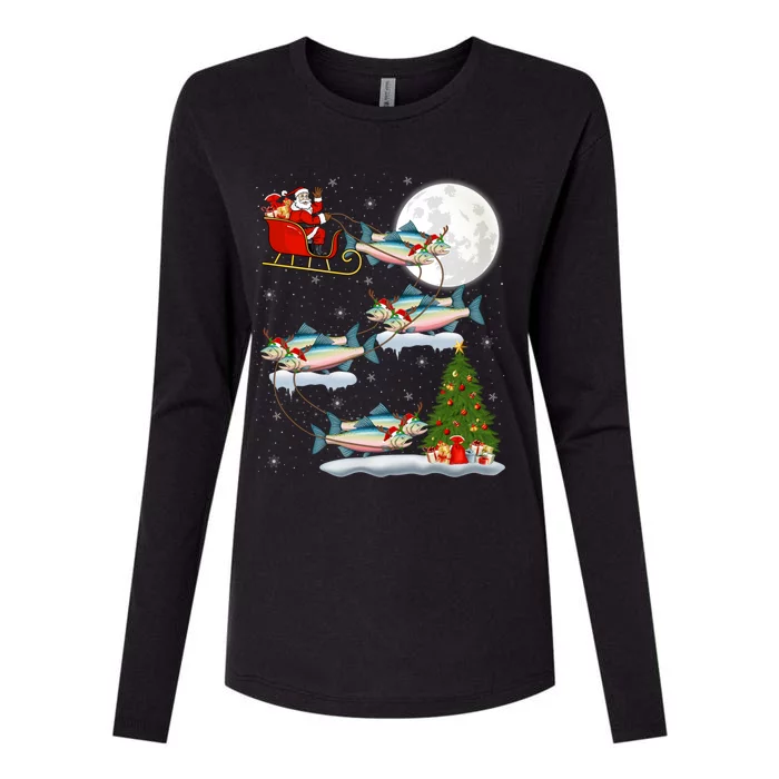 Funny Xmas Lighting Tree Santa Riding Salmon Fish Christmas Womens Cotton Relaxed Long Sleeve T-Shirt