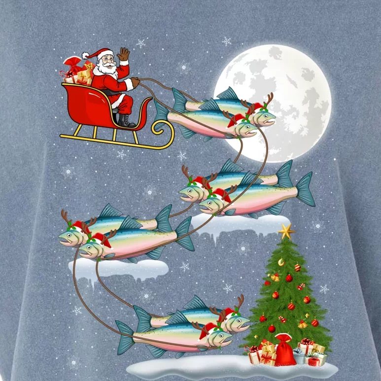 Funny Xmas Lighting Tree Santa Riding Salmon Fish Christmas Garment-Dyed Women's Muscle Tee