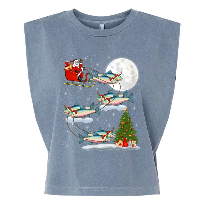 Funny Xmas Lighting Tree Santa Riding Salmon Fish Christmas Garment-Dyed Women's Muscle Tee