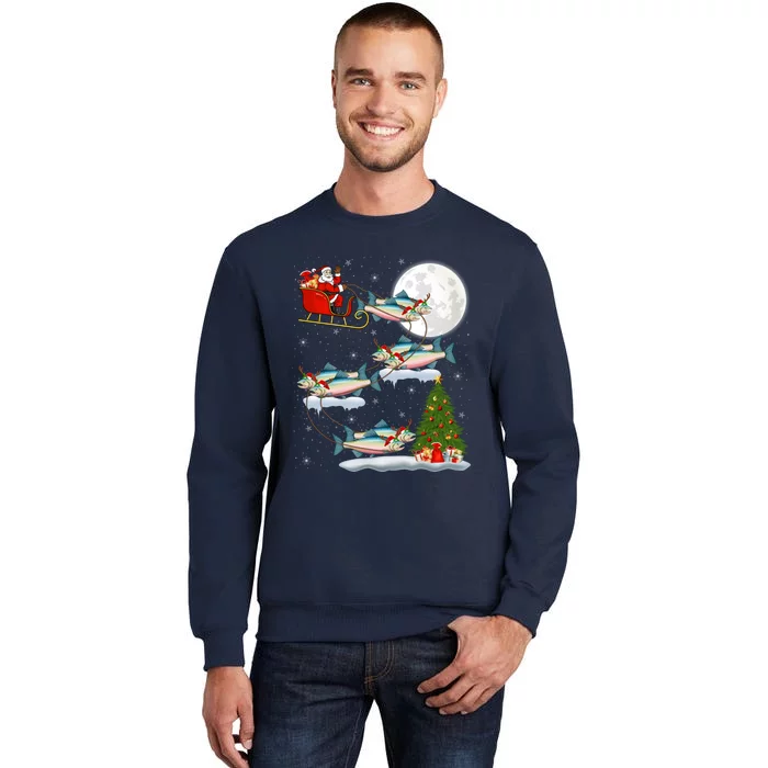 Funny Xmas Lighting Tree Santa Riding Salmon Fish Christmas Sweatshirt