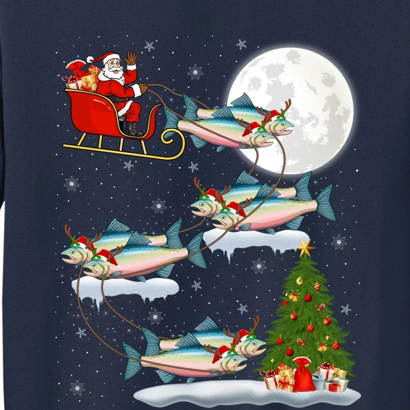 Funny Xmas Lighting Tree Santa Riding Salmon Fish Christmas Sweatshirt