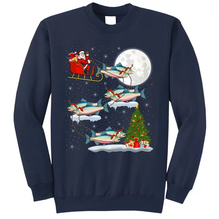 Funny Xmas Lighting Tree Santa Riding Salmon Fish Christmas Sweatshirt