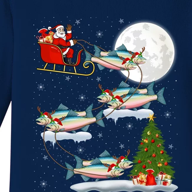 Funny Xmas Lighting Tree Santa Riding Salmon Fish Christmas Baby Long Sleeve Bodysuit