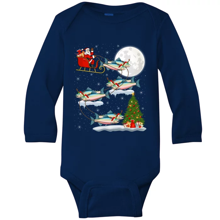 Funny Xmas Lighting Tree Santa Riding Salmon Fish Christmas Baby Long Sleeve Bodysuit