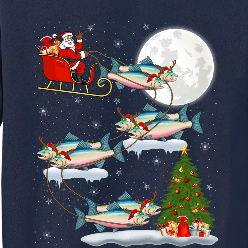 Funny Xmas Lighting Tree Santa Riding Salmon Fish Christmas Tall Sweatshirt