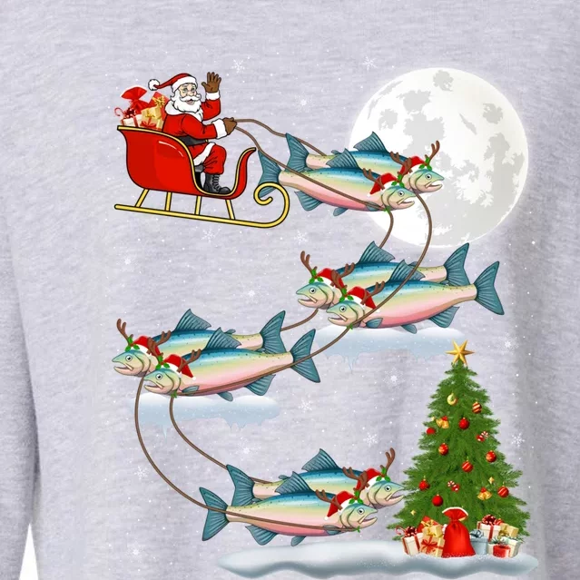 Funny Xmas Lighting Tree Santa Riding Salmon Fish Christmas Cropped Pullover Crew