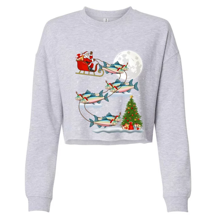 Funny Xmas Lighting Tree Santa Riding Salmon Fish Christmas Cropped Pullover Crew