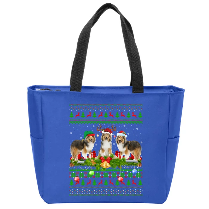 Funny Xmas Lighting Santa Ugly Shetland Sheepdog Christmas Meaningful Gift Zip Tote Bag