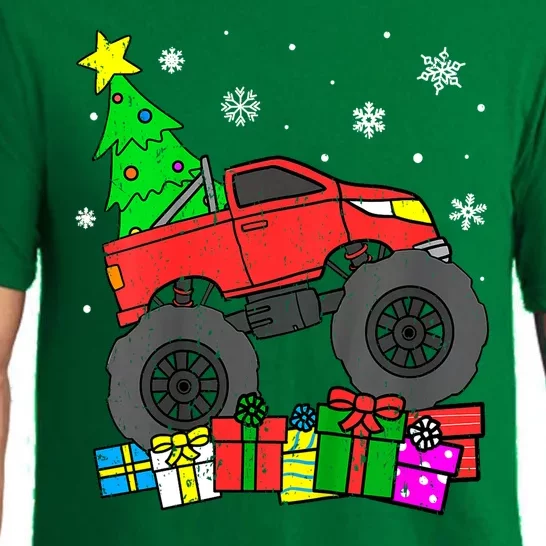 Funny Xmas Monster Truck Christmas Tree Snowflakes Gift Pajama Set