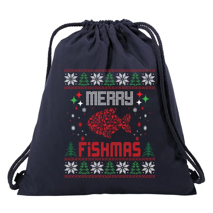 Funny Xmas Merry Fishmas Fish Lovers Ugly Christmas Fishing Meaningful Gift Drawstring Bag