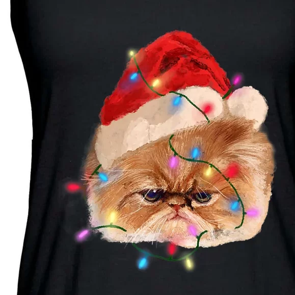 Funny Xmas Persian Cat Christmas Lights Adorable Face Fluffy TShirt Ladies Essential Flowy Tank