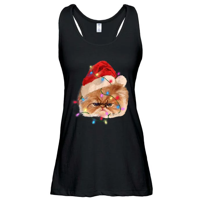 Funny Xmas Persian Cat Christmas Lights Adorable Face Fluffy TShirt Ladies Essential Flowy Tank