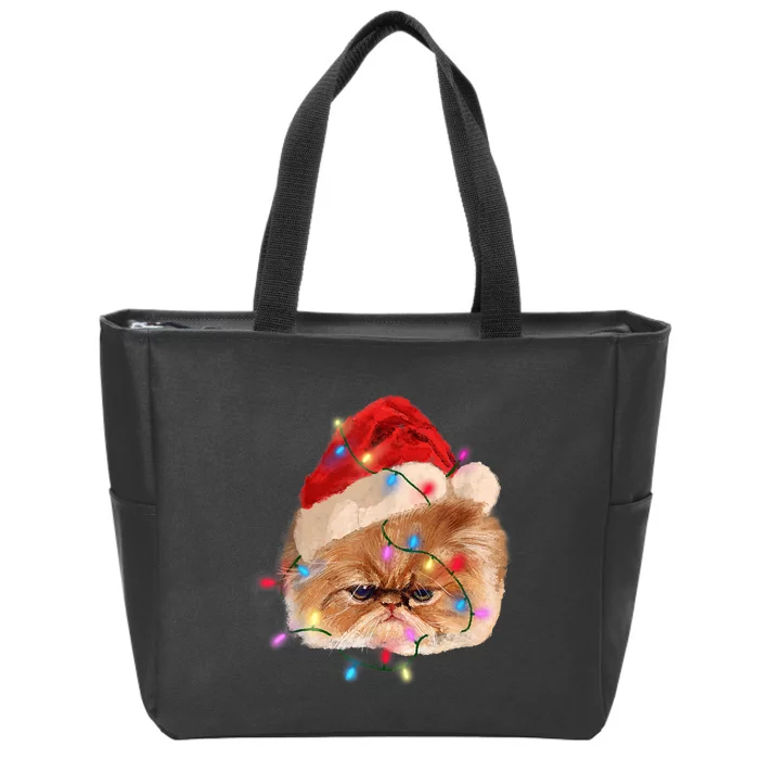 Funny Xmas Persian Cat Christmas Lights Adorable Face Fluffy TShirt Zip Tote Bag