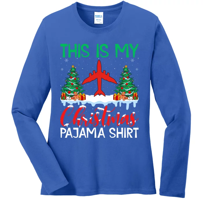 Flying Xmas Pajama Cute Gift Aviation Airplane Pilot Christmas Gift Ladies Long Sleeve Shirt