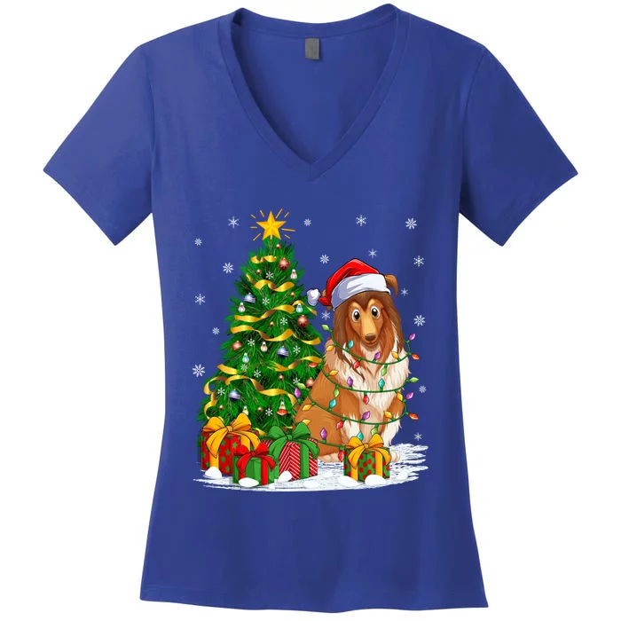 Funny Xmas Tree Family Matching Santa Sheepdog Christmas Gift Women's V-Neck T-Shirt