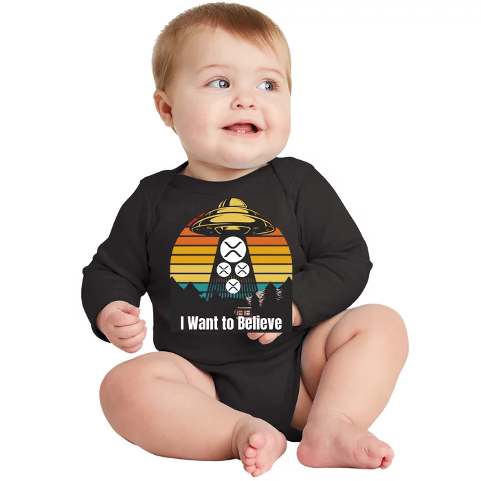 Funny XRP UFO Encounter Retro Sunset Ripple Cryptocurrency Funny Ripple XRP Baby Long Sleeve Bodysuit