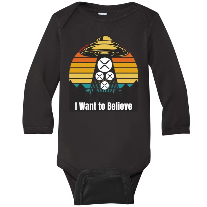 Funny XRP UFO Encounter Retro Sunset Ripple Cryptocurrency Funny Ripple XRP Baby Long Sleeve Bodysuit