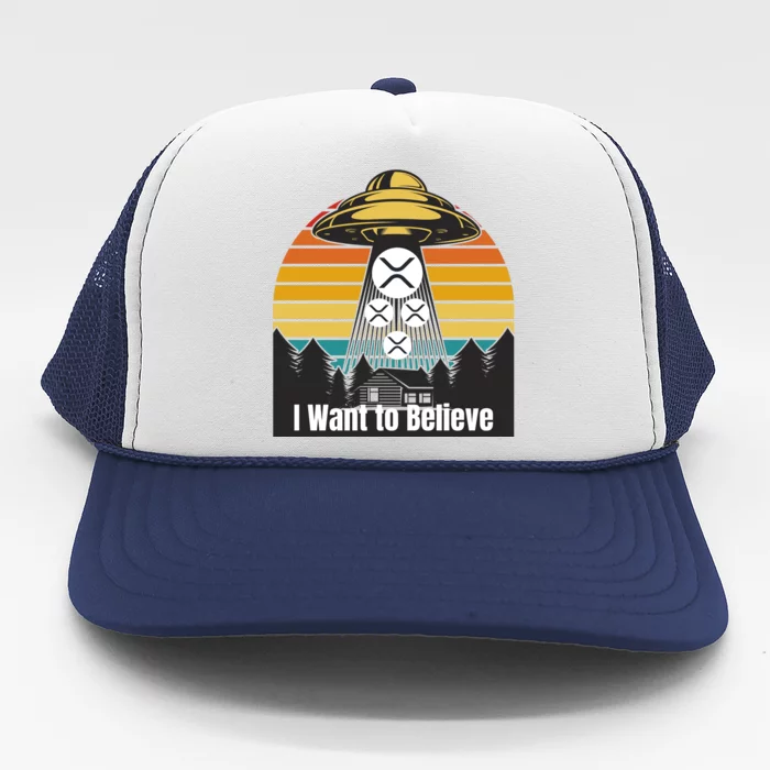 Funny XRP UFO Encounter Retro Sunset Ripple Cryptocurrency Funny Ripple XRP Trucker Hat