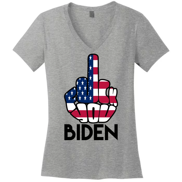 Fuck You Biden Middle Finger American Flag Women's V-Neck T-Shirt