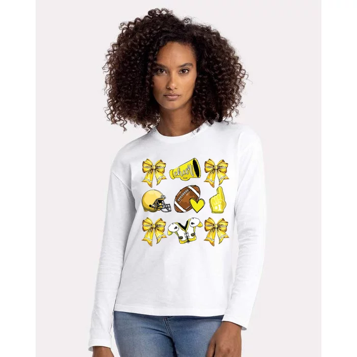 Funny Yellow Cheer Coquette Football Mom Women Girl Womens Cotton Relaxed Long Sleeve T-Shirt