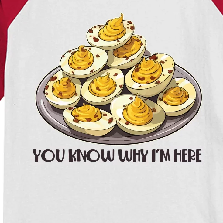 Funny You Know Why Im Here Deviled Eggs Thanksgiving Chirstmas Dinner Kids Colorblock Raglan Jersey