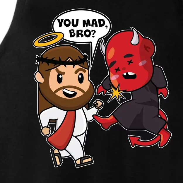 Funny You Mad Bro Jesus Vs Devil Ladies Tri-Blend Wicking Tank